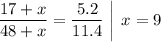 \left. \dfrac{17 + x}{48 + x} = \dfrac{5.2}{11.4}\;\right|\;x = 9