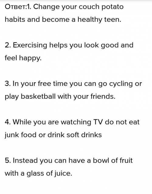 (( 1) change your couch potato habits and 2)exercising helps you look good 3)in your free time , you