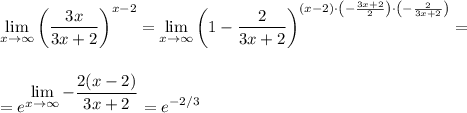 \displaystyle \lim_{x \to \infty}\left(\frac{3x}{3x+2}\right)^{x-2}=\lim_{x \to \infty}\left(1-\dfrac{2}{3x+2}\right)^{(x-2)\cdot \left(-\frac{3x+2}{2}\right)\cdot \left(-\frac{2}{3x+2}\right)}=\\ \\ \\ =e^{\displaystyle \lim_{x \to \infty}-\frac{2(x-2)}{3x+2}}=e^{-2/3}