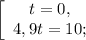 \left[\begin{array}{c}t = 0,\\4,9t = 10;\end{array}\right