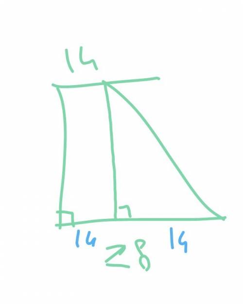 Найти меньшую боковую сторону прямоугольной трапеции, основания которой равны 28 см и 14 см, если од