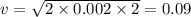 v = \sqrt{2 \times 0.002 \times 2} = 0.09