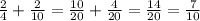 \frac{2}{4} + \frac{2}{10} = \frac{10}{20} + \frac{4}{20} = \frac{14}{20} = \frac{7}{10}