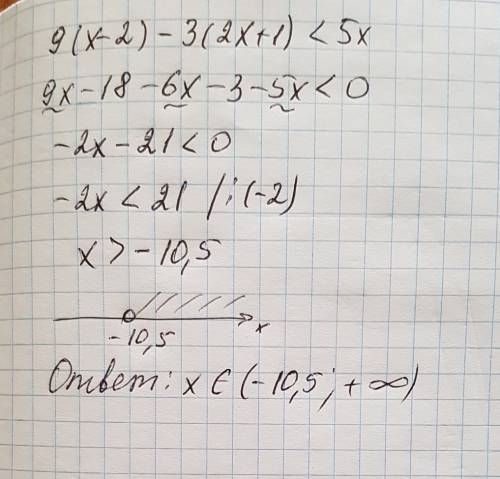 Решите неравенство 9 (х-2)-3 (2х+1)< 5х