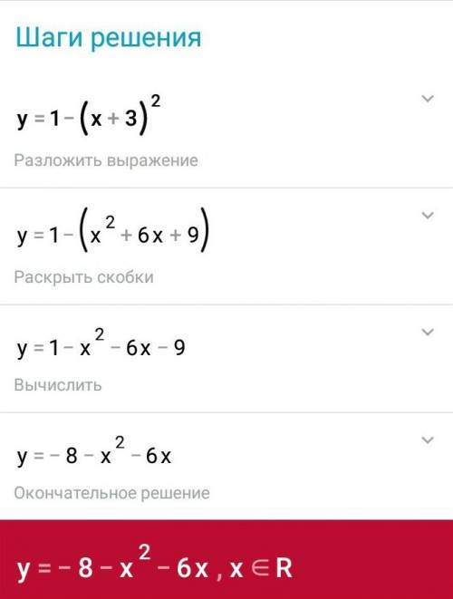 Много ! построить график функции y= 1 - ( x +3) ² нужно решение и чертеж!