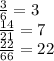 \frac{3}{6 } = 3 \\ \frac{14}{21} = 7 \\ \frac{22}{66} = 22 \\