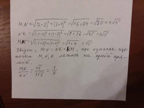 Доведіть,що точки m(-2; -1), n(2; 7), k(-1; 1) лежать на одній прямій. знайдіть відношення довжин ві