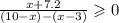 \frac{x + 7.2}{(10 - x) - (x - 3)} \geqslant 0