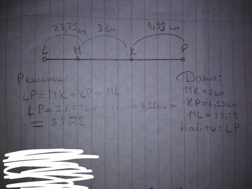Определи длину отрезка lp, если mk=3см, kp=6,99см и ml =23,79см.