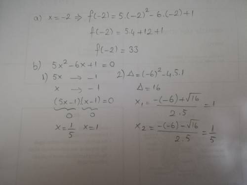 Функция задана формулой f(x)=5x^2-6x+1; а)f(-2) б)значение x при котором значение функции равно 0. з