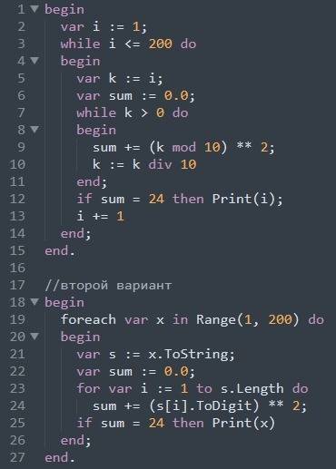 Решите на pascal abc найти среди первых 200 натуральных чисел такие, что сумма квадратов их цифр сос