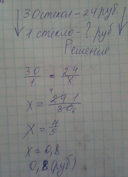 Стекольщик вставил 30 стекол за 24руб. сколько брал стекольщик за каждое стекло?