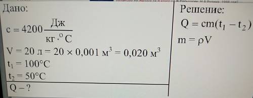 Какое количество теплоты выделилось при остывание воды объем который 20л если температура изменилась