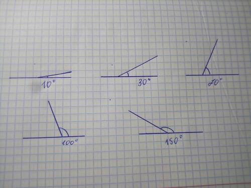 Странспортира постройте углы величиной 10°, 30°, 70°, 100°, 150°