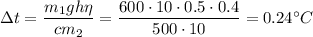 \Delta t=\dfrac{m_1gh \eta}{cm_2}=\dfrac{600 \cdot 10 \cdot 0.5 \cdot 0.4}{500 \cdot 10} =0.24^{\circ}C