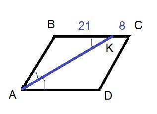 3. биссектриса острого угла параллелограмма делит сторону на отрезки 21 см и 8 см. найдите периметр