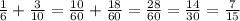 \frac{1}{6}+\frac{3}{10}=\frac{10}{60}+\frac{18}{60}=\frac{28}{60}=\frac{14}{30}=\frac{7}{15}