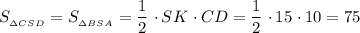 S_{_{\Delta CSD}} = S_{_{\Delta BSA}} = \dfrac{1}{2} \ \cdotp SK \ \cdotp CD = \dfrac{1}{2} \ \cdotp 15 \ \cdotp 10 = 75