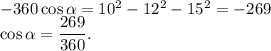 -360 \cos \alpha=10^2-12^2-15^2=-269\\\cos \alpha=\dfrac{269}{360}.