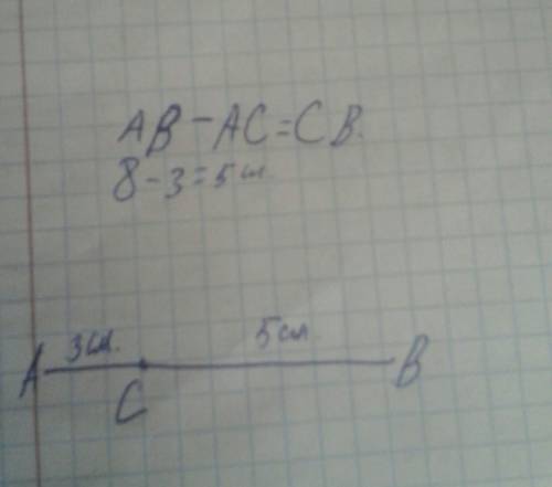 Начертие отрезок ав=8см. отрметь на ней точку с, чтобы ас=3см. какова длина отрезока св