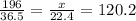 \frac{196}{36.5} = \frac{x}{22.4 } = 120.2