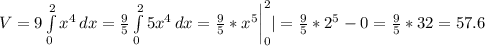 V = 9\int\limits^{2}_{0} {x^{4}} \, dx = \frac{9}{5} \int\limits^{2}_{0} {5x^{4}} \, dx = \frac{9}{5}*x^5 \bigg|_0^2| = \frac{9}{5}*2^5 - 0 = \frac{9}{5} * 32 = 57.6