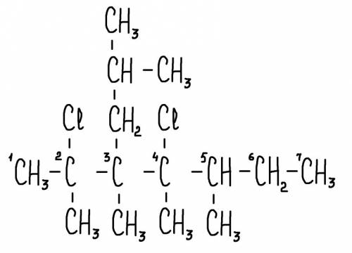 Напишите структурную формулу 3-изобутил 2,3,4,5-тетрамитил 2,4-дихлоргептан