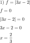 1)~f=\left|3x-2\right|\medskip\\f=0\medskip\\\left|3x-2\right|=0\medskip\\3x-2=0\medskip\\x=\dfrac{2}{3}