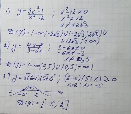 Найти d(y), если y= а)3x^2-1 / x^2-x-12 б)корень из 4x-8 / 3-6x в)корень из (2-x)*(5+x)