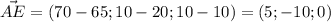 \vec {AE} = (70-65;10-20;10-10)=(5;-10;0)