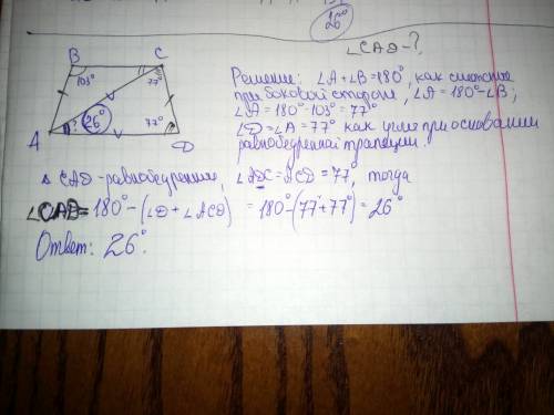 Втрапеции abcd известно, что ab=cd, ac=ad и угол abc=103. найдите угол cad. ответ дайте в градусах.