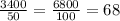 \frac{3400}{50} = \frac{6800}{100} = 68