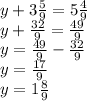 y+3\frac{5}{9}=5\frac{4}{9} \\y+\frac{32}{9}=\frac{49}{9} \\y=\frac{49}{9}-\frac{32}{9}\\y=\frac{17}{9} \\y=1\frac{8}{9}