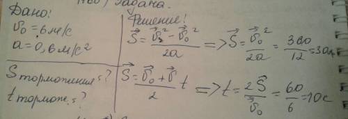 Основы кинематики, 10-ый класс. дано: v0=6 м/с, a=0,6м/с^2 s торм и t торм=