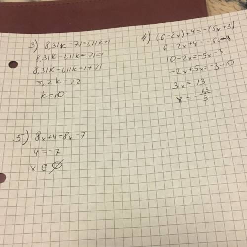 Решить уравнения. 1) -2/5×=3/10. 2) -1,5×-9=0. 3) 8,31к-71=1,11к+1. 4) (6-2×)+4=-(5×+3). 5) 8×+4=8×-