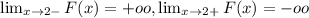 \lim_{x \to 2-} F(x)=+oo,\lim_{x \to 2+} F(x)=-oo