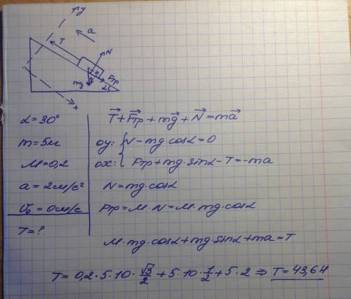 Тело массой 5 кг тянут с нити вверх по наклонной плоскости (a=30 градусов) с ускорением 2м/с^2 (vo=0