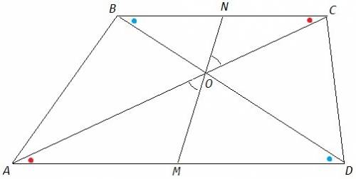 Докажите, что отрезок, проходящий через середины оснований трапеции, проходит через пересечения диаг