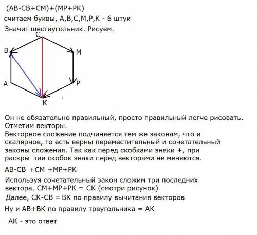 Пользуясь правилом многоугольника выражение: (ab-cb+cm)+(mp+pk)