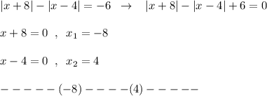 |x+8|-|x-4|=-6\; \; \to \; \; \; |x+8|-|x-4|+6=0\\\\x+8=0\; \; ,\; \; x_1=-8\\\\x-4=0\; \; ,\; \; x_2=4\\\\-----(-8)----(4)-----