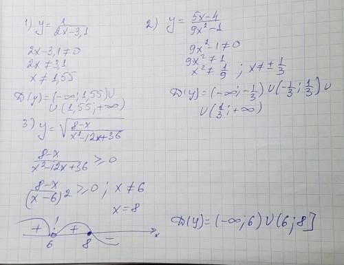 Найдите область определения функций 1)y=1/2x-3,1 2)y=5x-4/9x^2-1 3)y=корень из 8-x/x2-12x+36