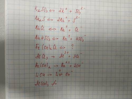 Напишите уравнения процессов дисоциации следующих соединение : k2so3,na2s,nacl, nahso3, nahso3, fe (