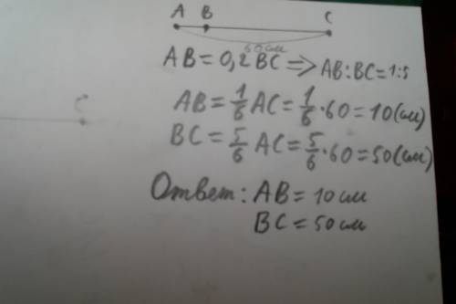 Точка в лежит между точками а и с. найдите длины отрезков ав и вс, если ав = 0,2вс и ас = 60 см !