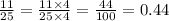 \frac{11}{25} = \frac{11 \times 4}{25 \times 4} = \frac{44}{100} = 0.44 \\