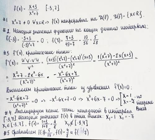 Найти наибольшее и наименьшее значение функции на заданном отрезке [-3; 7] f(x)= (x+3)/(+7) . если м