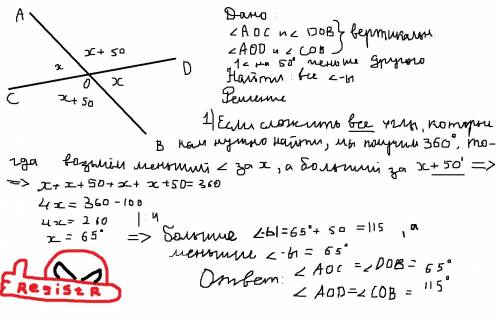 Один из углов которые получаются при пересечении двух прямых на 50 меньше другого. найдите эти углы.