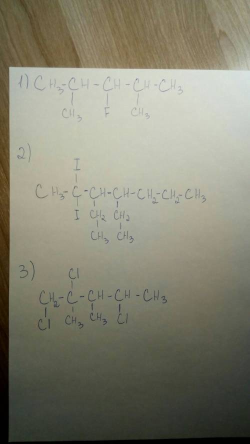 Составить структурные формулы 1) 2,4 диметил 3фторпентан 2) 2,2,дийод 3,4 диэтилгептан 3) 2,3 димети
