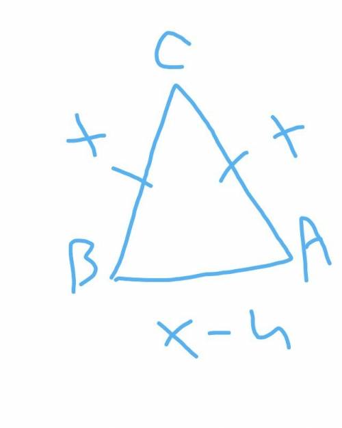 Дано: δcba,ca=cb. основание треугольника на 4 м меньше боковой стороны. периметр треугольника cba ра