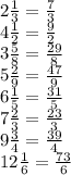 2 \frac{1}{3} = \frac{7}{3} \\ 4 \frac{1}{2} = \frac{9}{2} \\ 3 \frac{5}{8} = \frac{29}{8} \\ 5 \frac{2}{9} = \frac{47}{9} \\ 6 \frac{1}{5} = \frac{31}{5} \\ 7 \frac{2}{3} = \frac{23}{3} \\ 9 \frac{3}{4} = \frac{39}{4} \\ 12 \frac{1}{6} = \frac{7 3}{6} \\