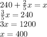 240 + \frac{2}{5} x = x \\ \frac{3}{5}x = 240 \\ 3x = 1200 \\ x = 400